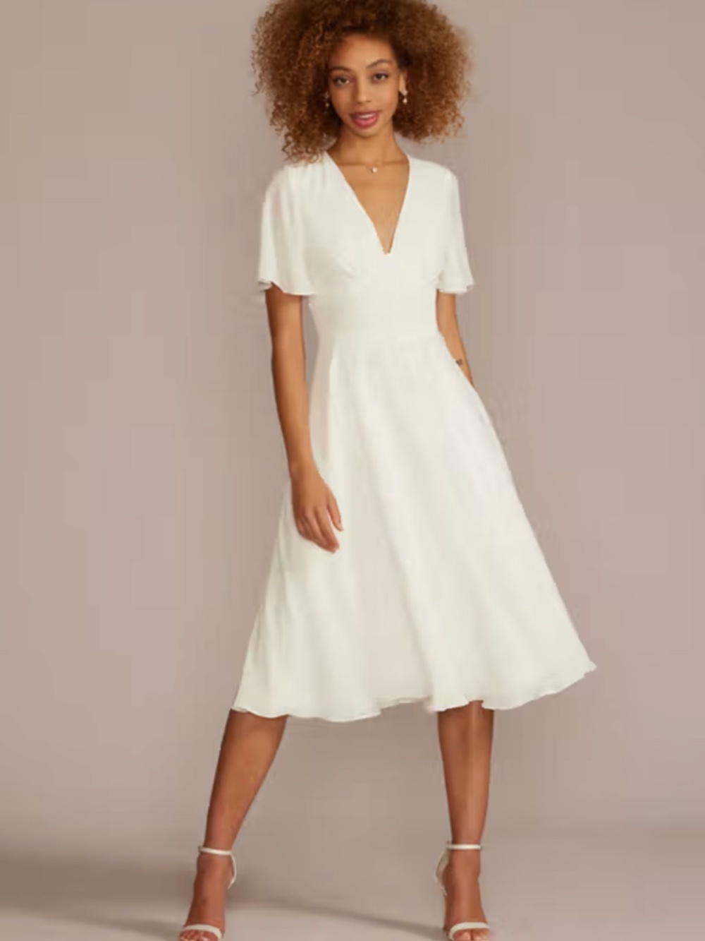 DB Studio White Chiffon Flutter Sleeve Midi Dress Size 6 Wedding Bridal (X)